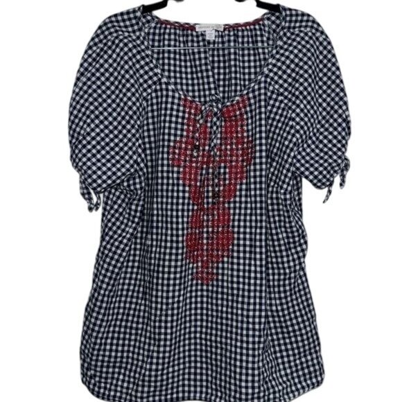 Westport 1962 Tops - Westport 1989 Womens 2X Navy & White Gingham Blouse With Red Embroidery & Tie Sl